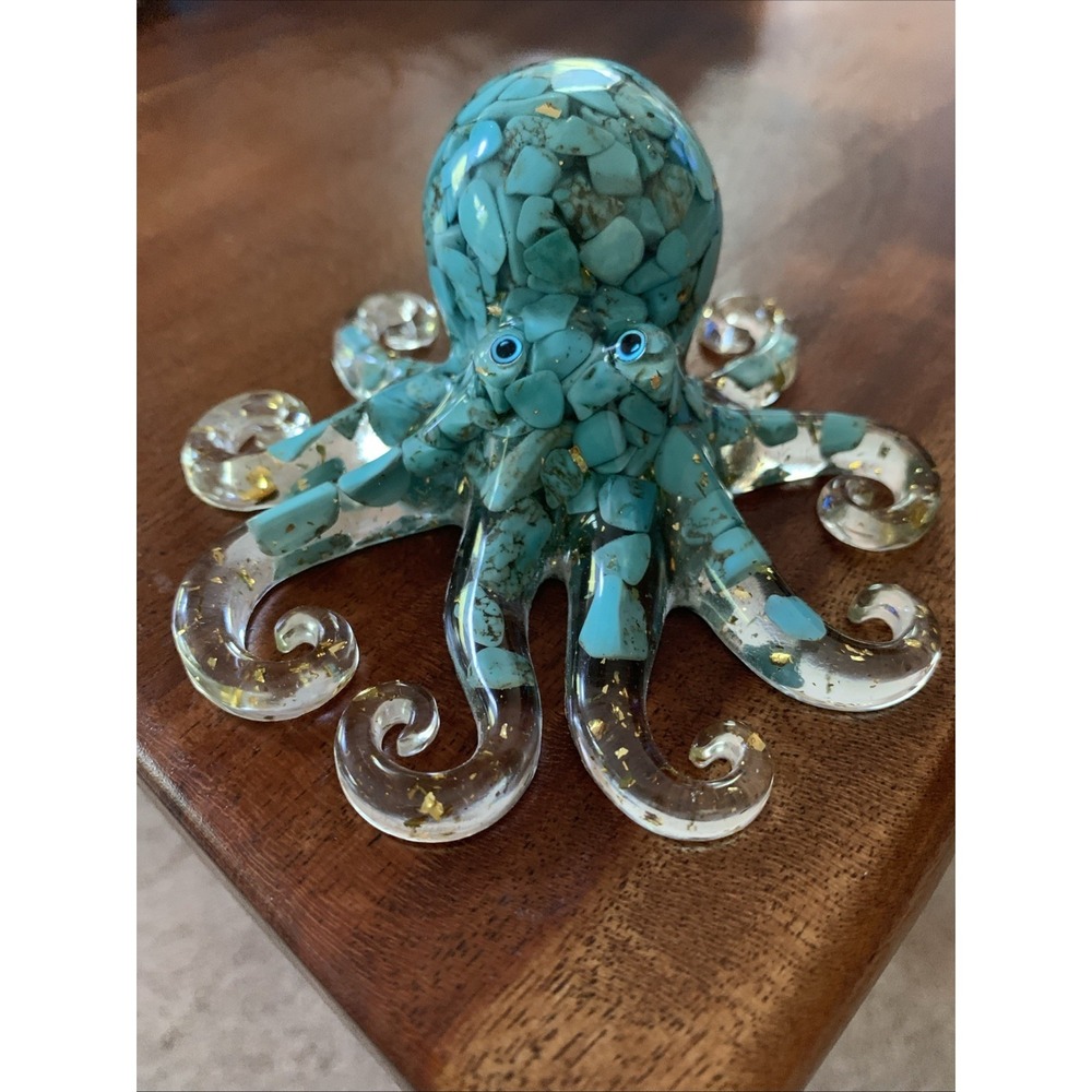 Resin Glass Octopus Paperweight Desk pet  Turquoise 4" Cute
